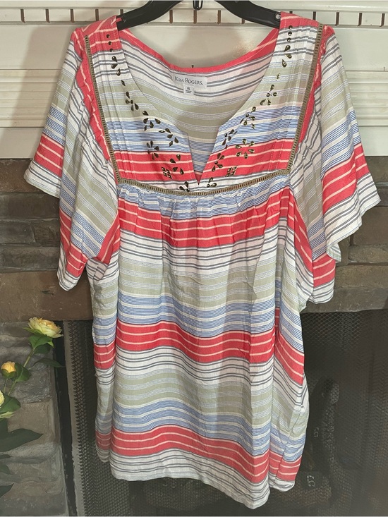 Kim Rogers Tops - Kim Rogers Coral, Blue & Cream Striped Embroidered Tunic